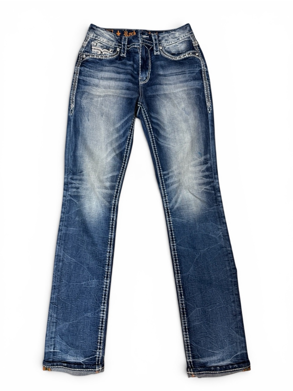Rock Revival Women's Distressed Medium Blue Straight Leg Jeans